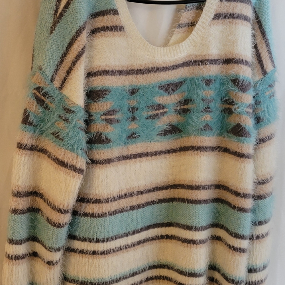 Xhilaration Fuzzy Striped Sweater - Cream and Blue - Picture 3 of 3